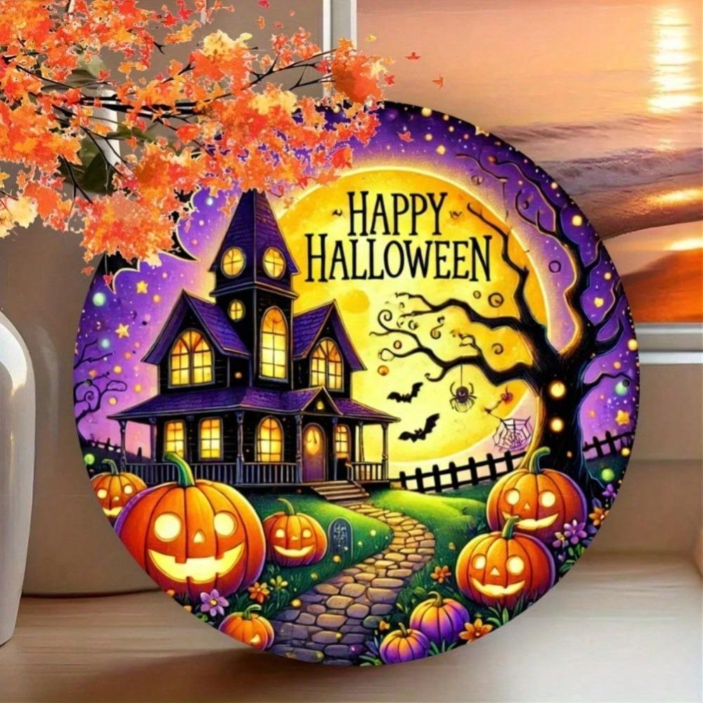 Aluminum Foil Engraving Art Plate - Spooky Haunted House With Pumpkin Design, Happy Halloween Wall Decor, Durable Waterproof Metal Craft