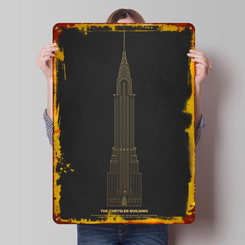 

Chrysler Building Gold Printed Poster Customized Wall Art Retro Vintage Metal Tin Signs for Decoration Garage Decorations Decor 7.9x11.8In(20x30cm)