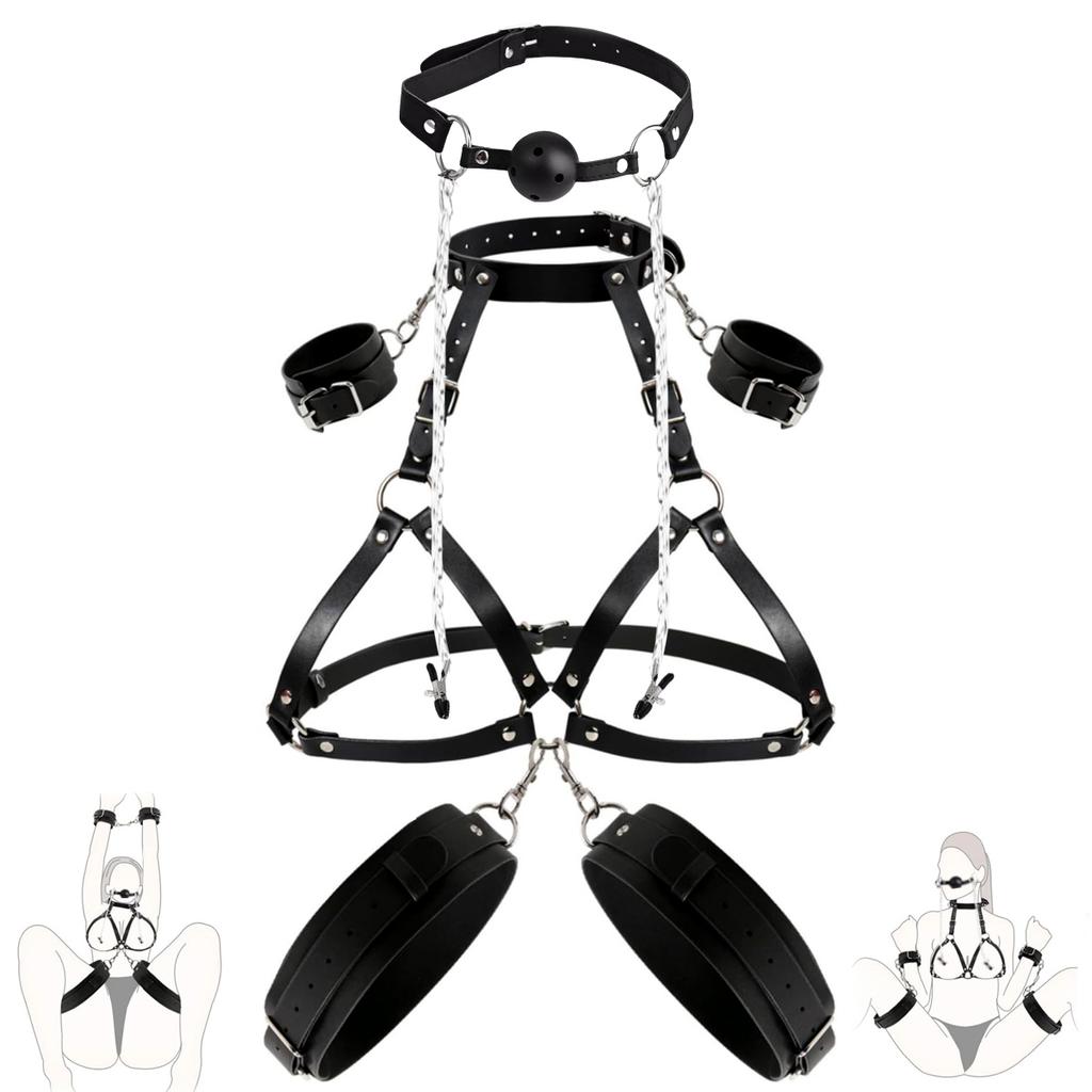 Kit Bondage Sex Set Neck to Thigh with Ball Gag Nipple Clamps Sexy Harness Sex Bondage Restraints SM Game Adult Sex toy