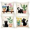 4pcs Set, Single-Sided Print, Cute Black Cat and Floral Plant Pattern Pillowcase, Modern Fashion Decorative Pillow Cover, Suitable, Living Room, Couch