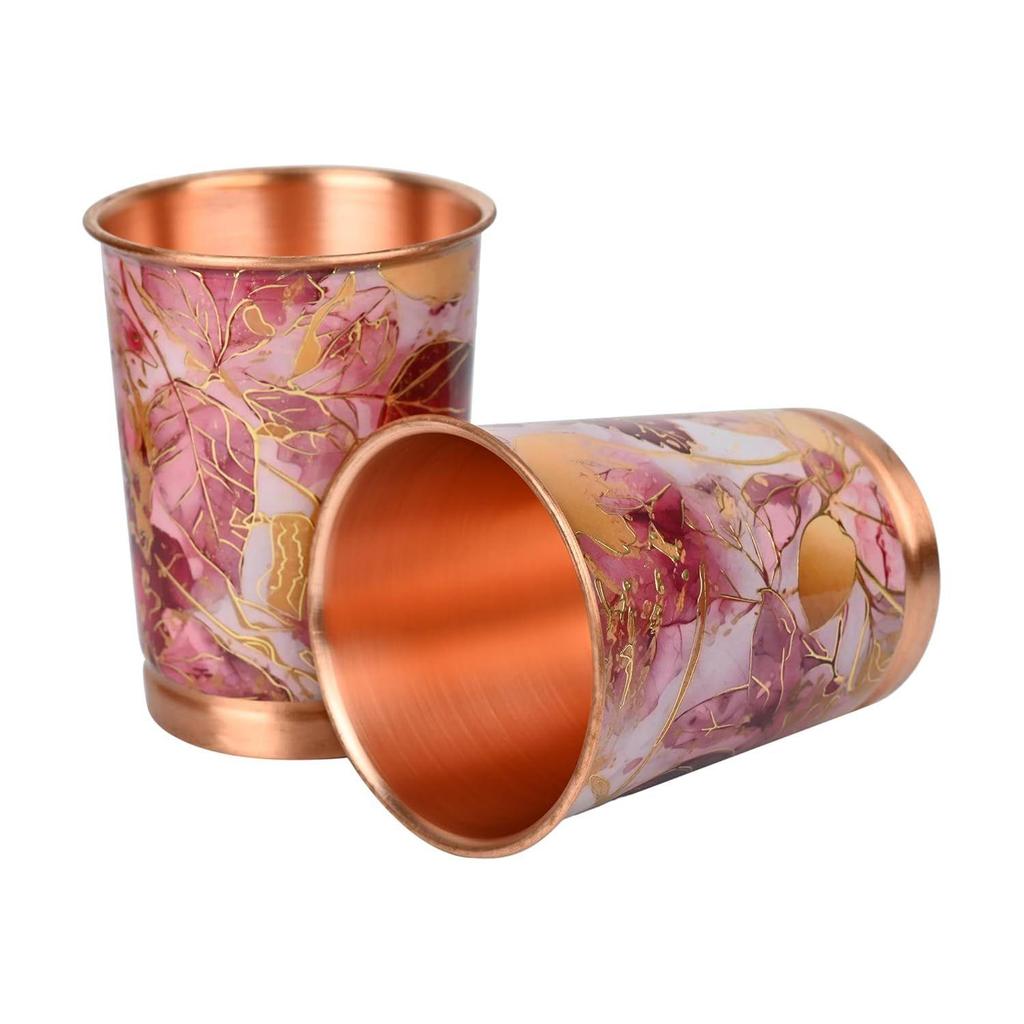 Copper Printed Design 250ML Water Glass with Rust Proof for Home and Office Use Ayurveda and Yoga Health Benefits Glass Set of 6 (Pink Gold)