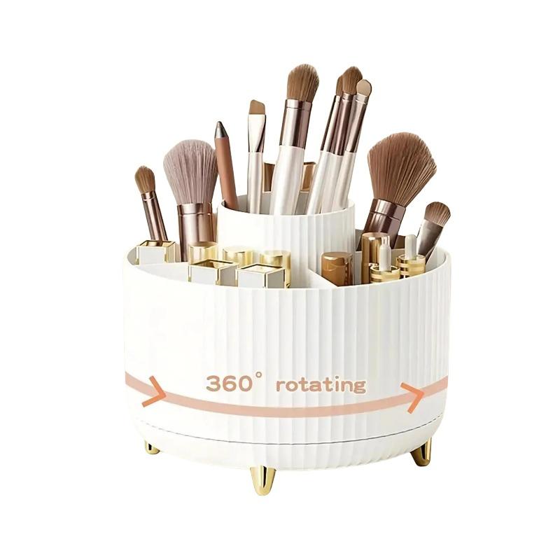 360° Rotating Makeup Organizer Plastic Cosmetic Storage Multi-Functional Brush Holder with 5 Compartments for Vanity Desk