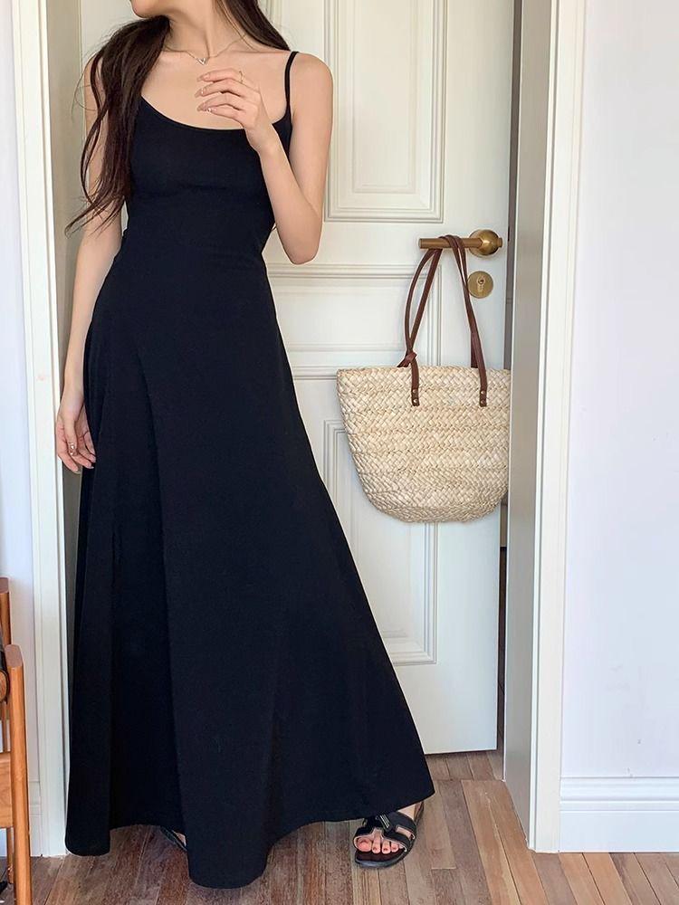 Spicy Girl Solid Color High-Waisted Spaghetti Strap Off-Shoulder Knee-Length Slimming Summer Dress