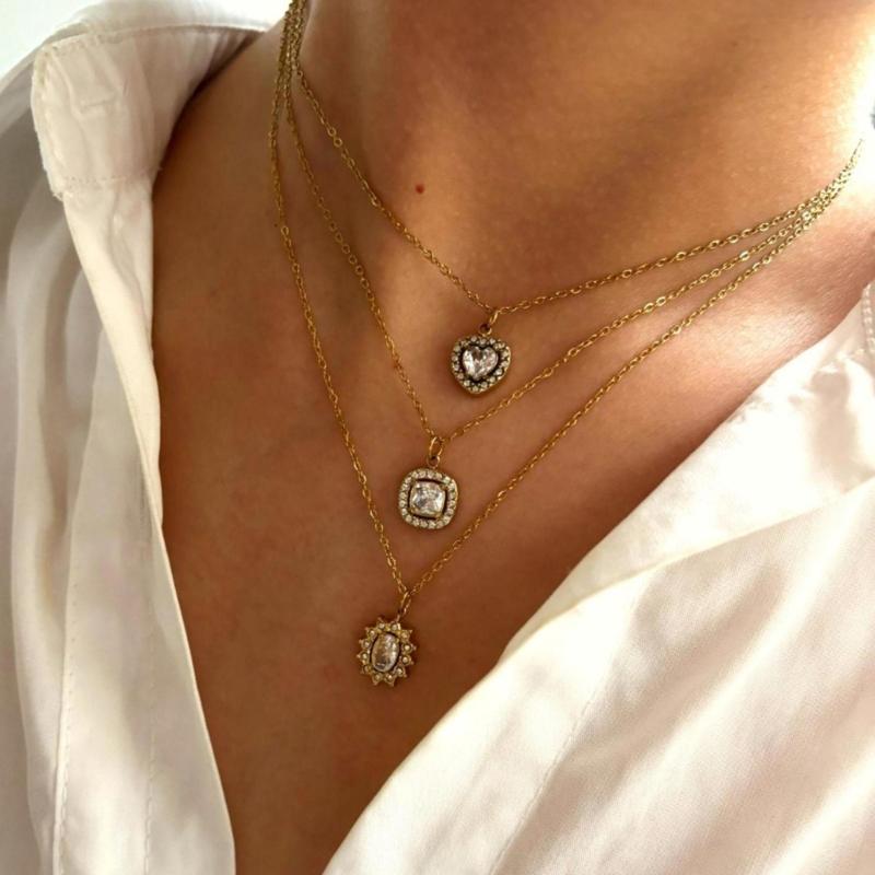 Versatile Geometric Charm Necklace With Sparkling Rhinestones Stainless Steel Clavicle Chain Adjustable Jewelry