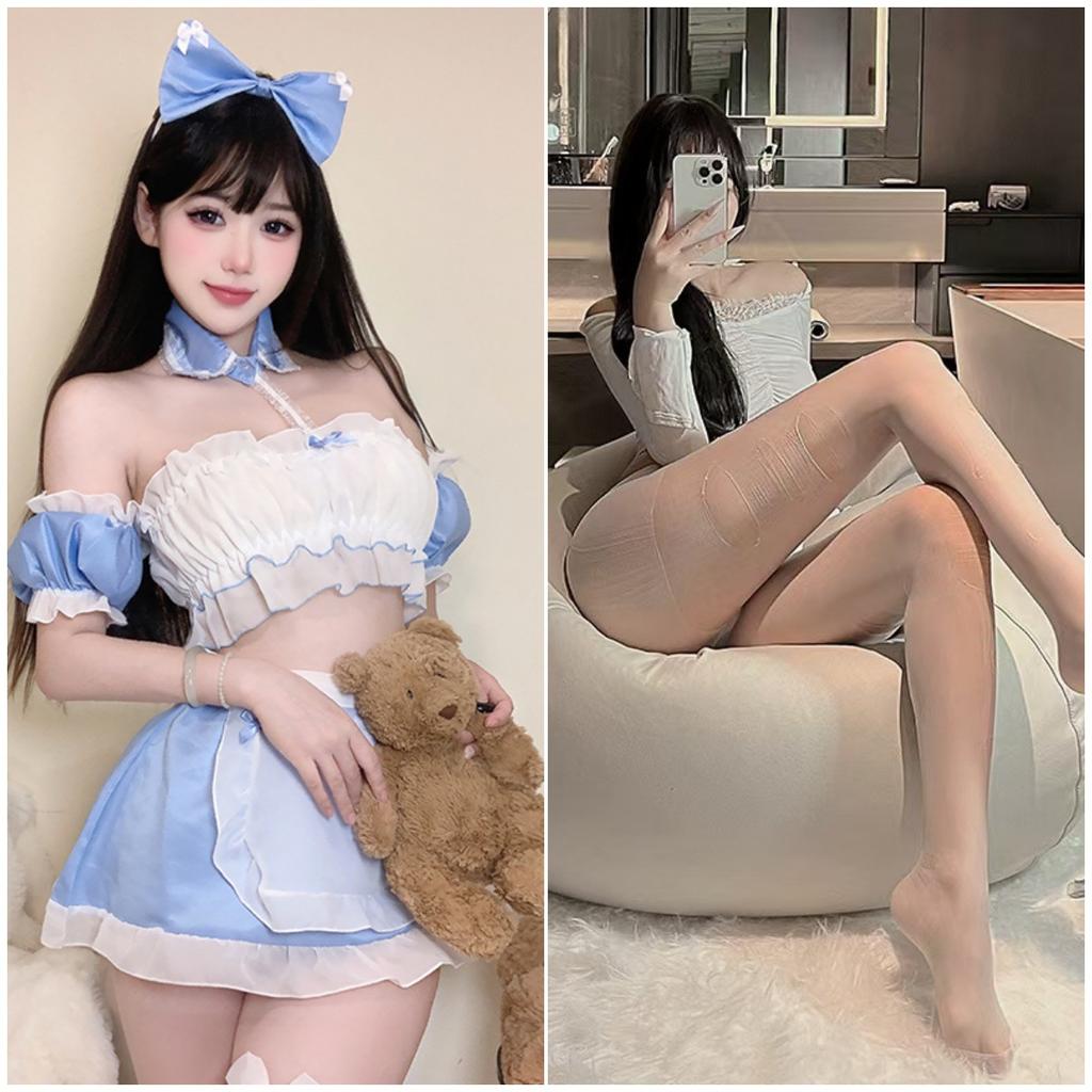 Sexy Bow Blue and White Maid Tube Top Showing Big Buttocks Cute Maid Uniform Pure Desire Suit