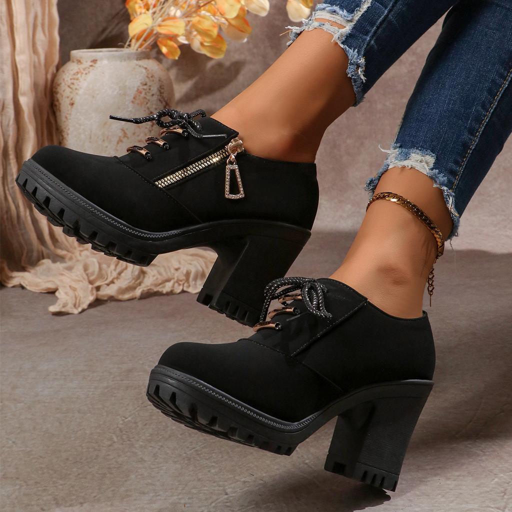 Fashion High Heel Low Top Fall New Women Boots 2025 Round Metal Buckle Front Lace-Up Side Zip Non-Slip Platform Block Heel Boots