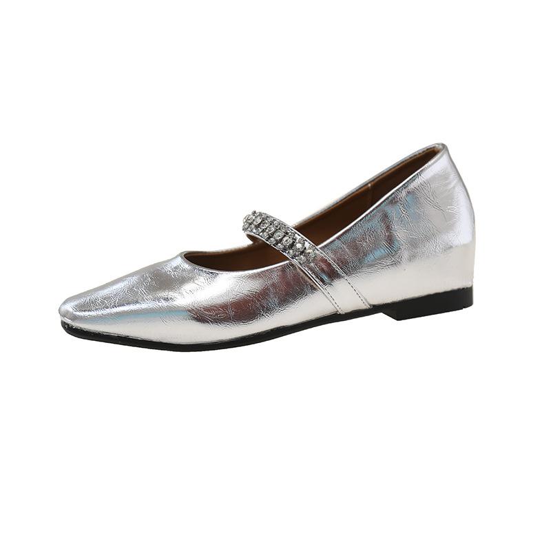 

Французские туфли-лодочки премиум-класса серебристого цвета с горным хрусталем, женские, 2025 весна, новые, универсальные, на толстом каблуке, с острым носком, балетки на одной пуговице 35