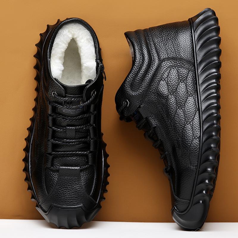 First Layer Cowhide High-top Men's Shoes Winter Velvet Thickened Warm Fur Integrated Casual Cotton Shoes Non-slip Dad Cotton Boots