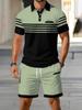 2026 Summer American Men's Polo Shirt Set for Street Casual Fashion Soft and Comfortable with 3D Stripes Pattern Print