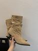 2025 autumn and winter new French retro pointed-toed stiletto short boots women's suede pleated piled boots high-heeled western boots