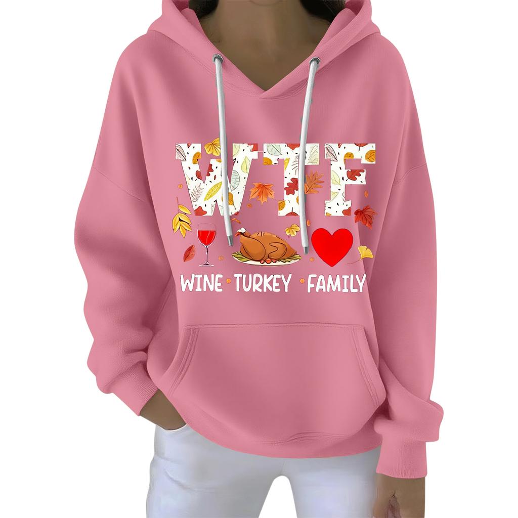 Women's Loose Comfort Drawstring V-Neck Long Sleeve Thanksgiving Print Hoodie