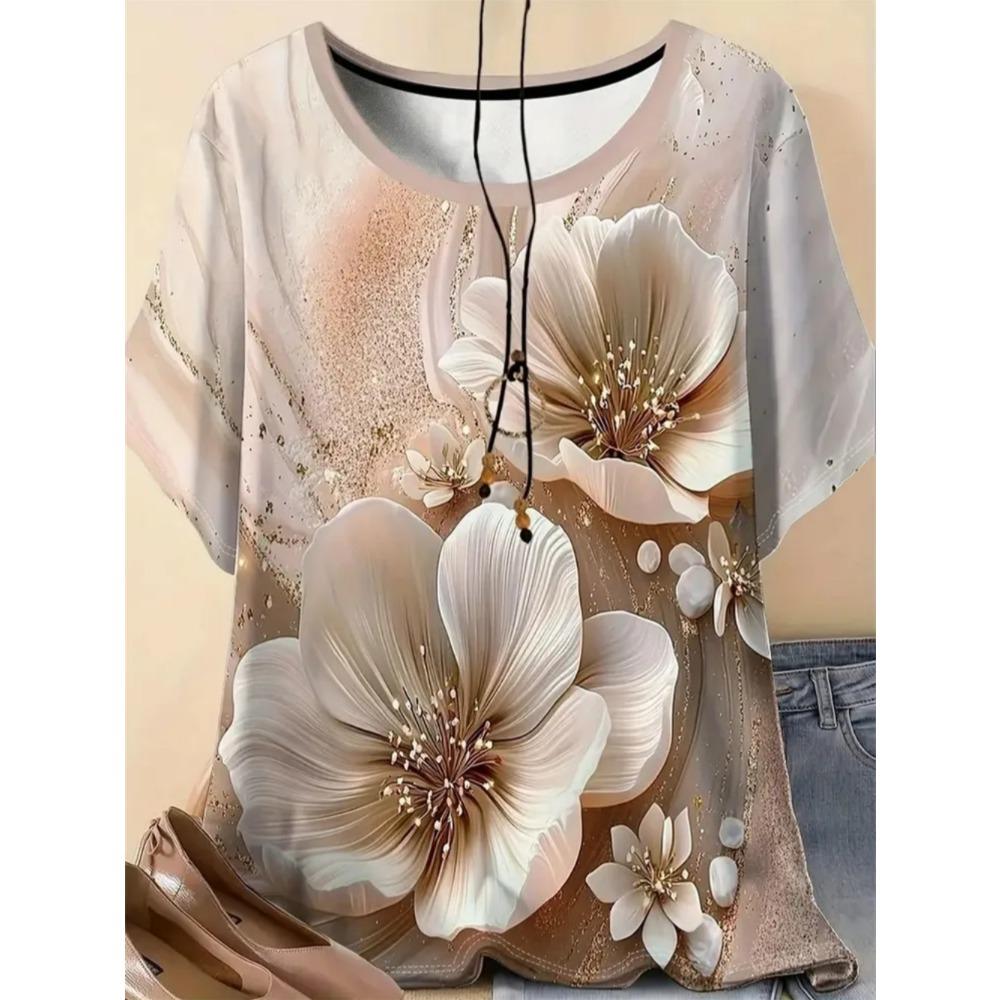 Ladies Summer Colorful Flower Printed Large Loose Casual T-shirt Fashionable Comfortable Soft Breathable Short Sleeved T-shirt