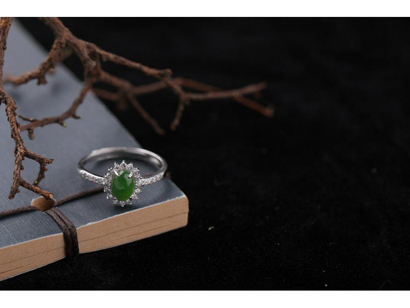 Adjustable Women's Ring with 925 Sterling Silver, Green Jasper, Zircon, and Jade Oval Design, with Certificate