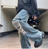 Luo PuLe Men's Distressed Denim Long Pants, Stretch Denim Wide-Leg Pants, Loose Fit Jeans, Goose-Pant Style, Straight Leg Denim Pants, Blue, Size L