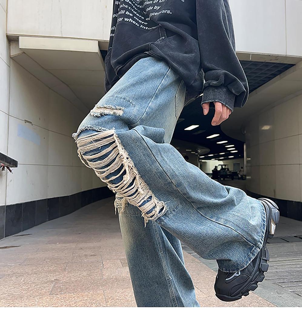 Luo PuLe Men's Distressed Denim Long Pants, Stretch Denim Wide-Leg Pants, Loose Fit Jeans, Goose-Pant Style, Straight Leg Denim Pants, Blue, Size L
