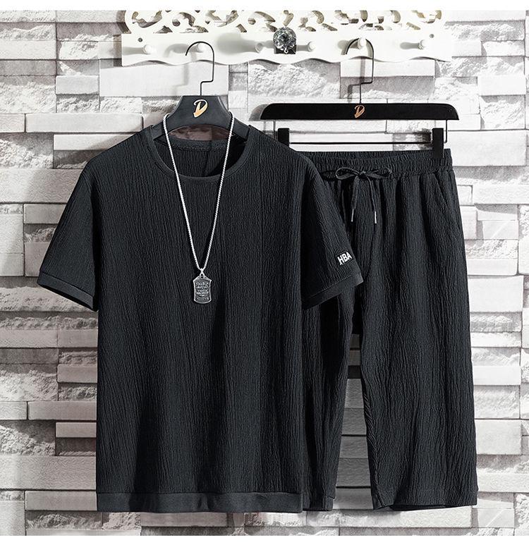 Men's Ice Silk Summer Casual Sports Suit with Graphic Text and Drawstring Shorts