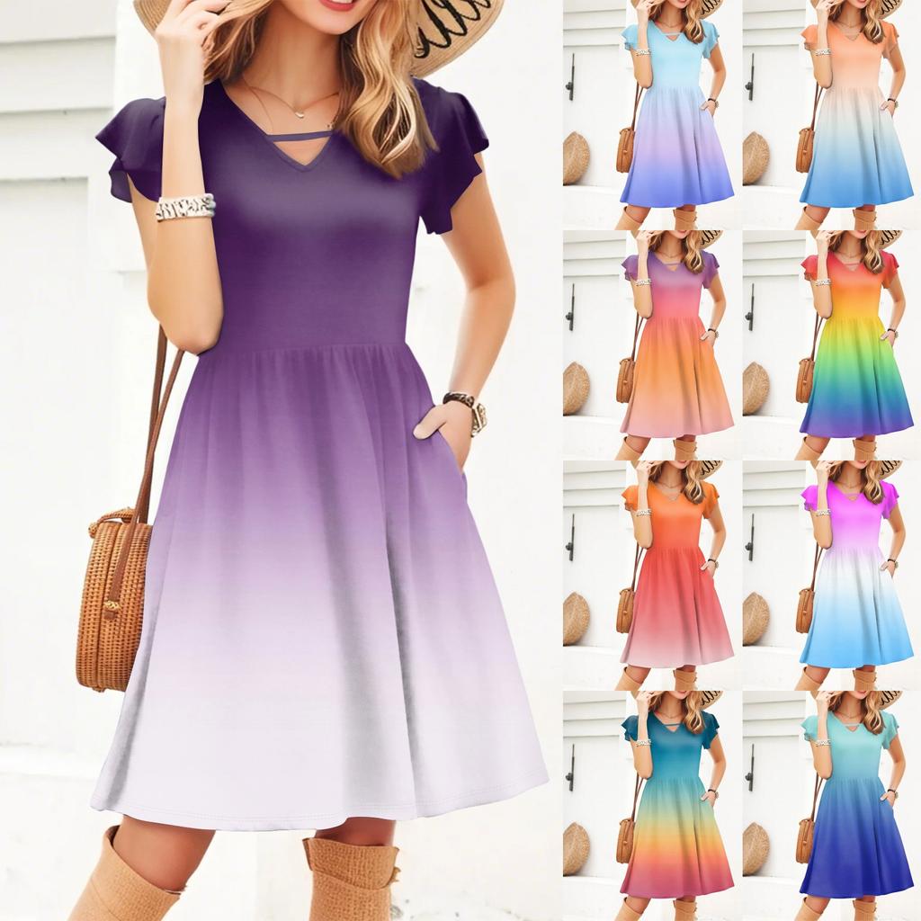 Women's Casual Fashion Sexy V-Neck Ruffle Sleeve Gradient Dress