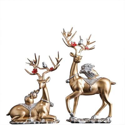 Set of 2 Reindeer Couple Figurines Decorative Centerpiece Elk Sculpture Gift Modern Deer Statues for Shelf Wedding Living Room Red (Gold)