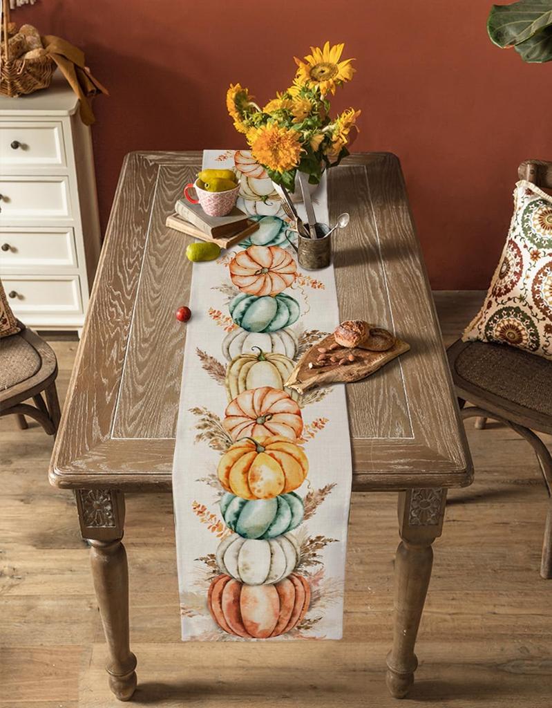 Fall Thanksgiving Pumpkins Linen Table Runner Home Decor Washable Autumn Harvest Kitchen Dining Table Runners Thanksgiving Decor