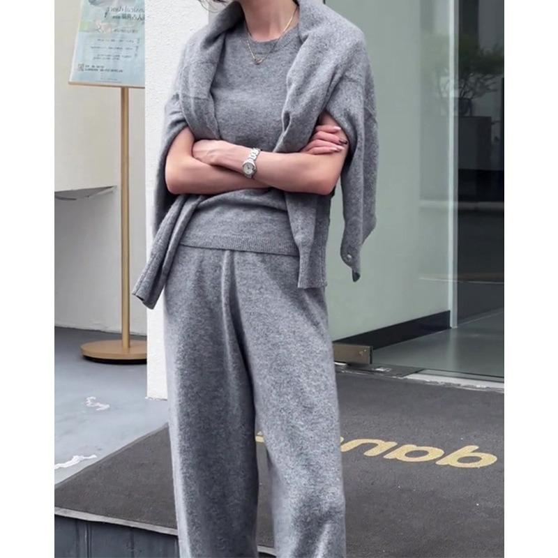 Grey simple fashion casual sweater set women's autumn and winter vest knitted sweater wide-leg pants three-piece set