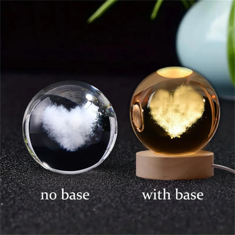 6/8cm 3D Crystal Ball Glass Planet LED Warm Night Light Laser Engraved Solar System Globe Universe Birthday Gift Wooden Base