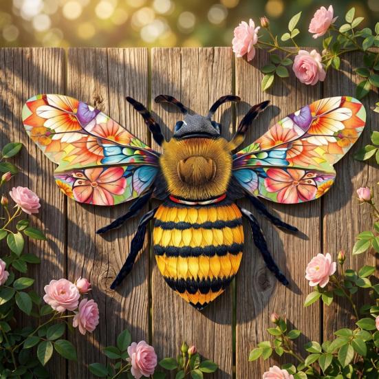 Metal Bee Wall Art Outdoor Large Bee Wall Hanging Sculpture with Floral Wings for Garden Patio Yard Lawn Fence Decor