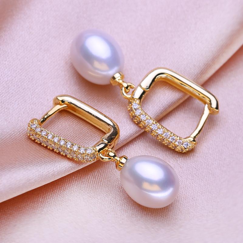 SENIKO 8-9mm Natural Freshwater Pearl Earrings Geometry Design Fashion Cubic Zirconia Clip Earrings For Women Earrings Girl Gift