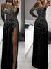 European & American Gold Print High Neck Mesh Spliced High Slit Evening Gown