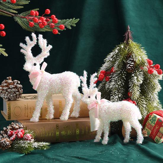 Christmas Reindeer Figurine Plastic White Elk Sculpture with Scarf Small Deer Statue Table Ornaments for Xmas Tabletop Mantel Shelf Decor