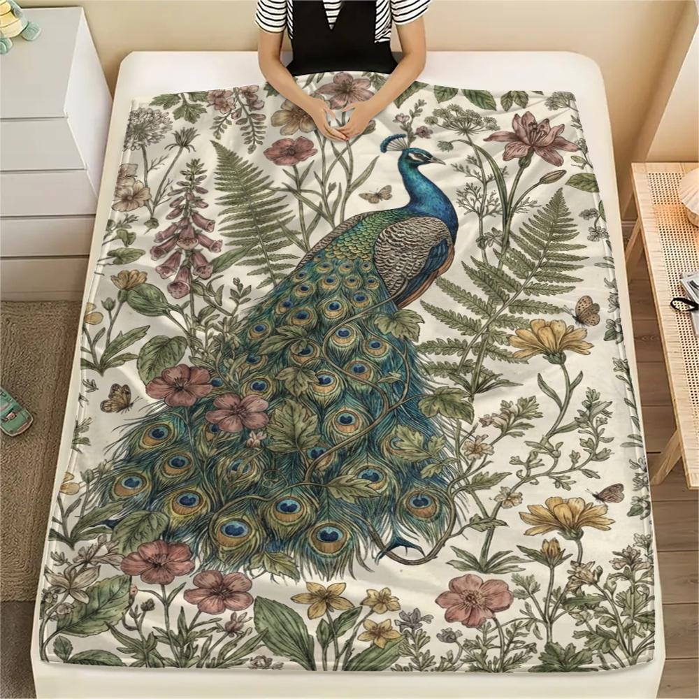 1Pc Peacock Print Flannel Blanket, High quality Comfortable for All Seasons, Home Decor, Warmth and Comfort, Perfect for Christmas Gifts W121