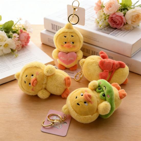 Worried Duck Plush Keychain Cute Stuffed Animal with Random Accessory Soft Bag Charm & Car Decoration Gift for Kids Adults