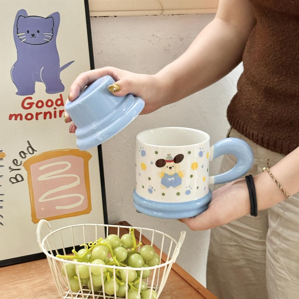 Cute Polka Dot Puppy Couple Water Cup High Value Ceramic Mug with Lid for Home Breakfast Coffee Cup
