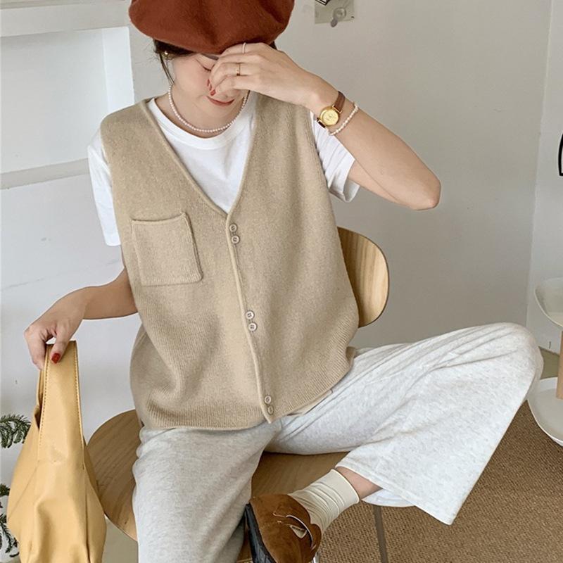 Korean Version Solid Pocket Knitted Vest Cardigan Women's Autumn Winter New Loose Fashion V-neck Sleeveless Sweater Vest