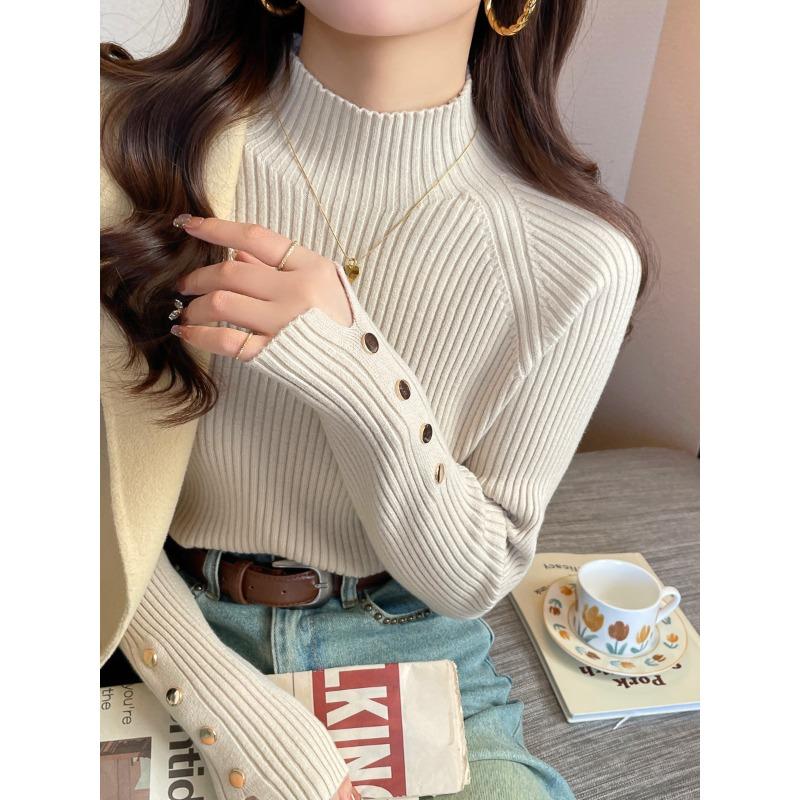 White Bottoming Shirt Women's Autumn and Winter New Semi-turtleneck Sweater with Knitted Long-sleeved Top