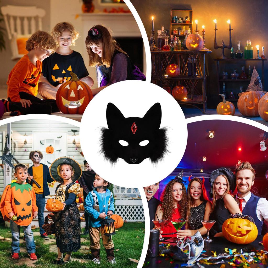 Face Cover Costume Cat Breathable Halloween Headwear Faux Face Cover With Gems For Adults Kids Christmas Holiday Masquerade