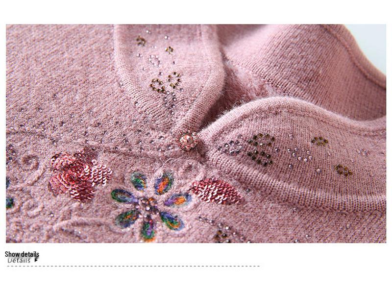 New Chinese Style Warm Fleece-Lined Qipao Collar Sweater for Middle-Aged & Elderly Women