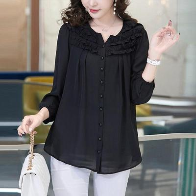 Koreaanse Effen Kleur Stijlvolle Plooiingen Blouse Lente Herfst Driekwart Mouw Dameskleding Ronde Hals Werk Enkele Rij Knopen Blouse
