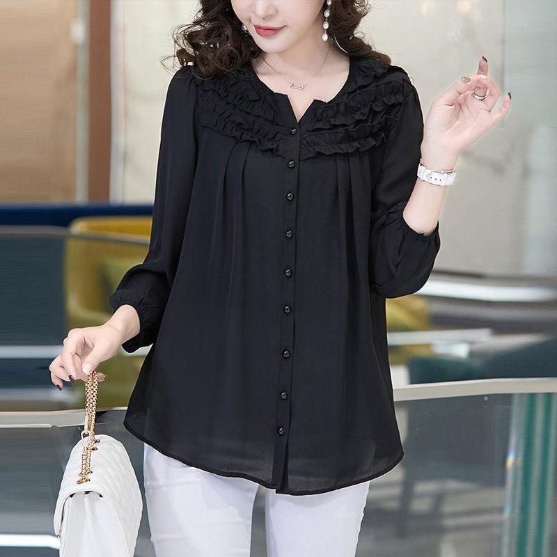 Camisa Coreana de Color Sólido con Pliegues Elegantes Primavera Otoño Manga Nueve Cuartos Ropa Femenina Cuello O Para Ir al Trabajo Blusa de Botonadura Sencilla