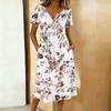 Vestido Casual Feminino Moderno Estampado Retrô Gola Redonda Manga Curta Botão na Gola Comprimento Médio