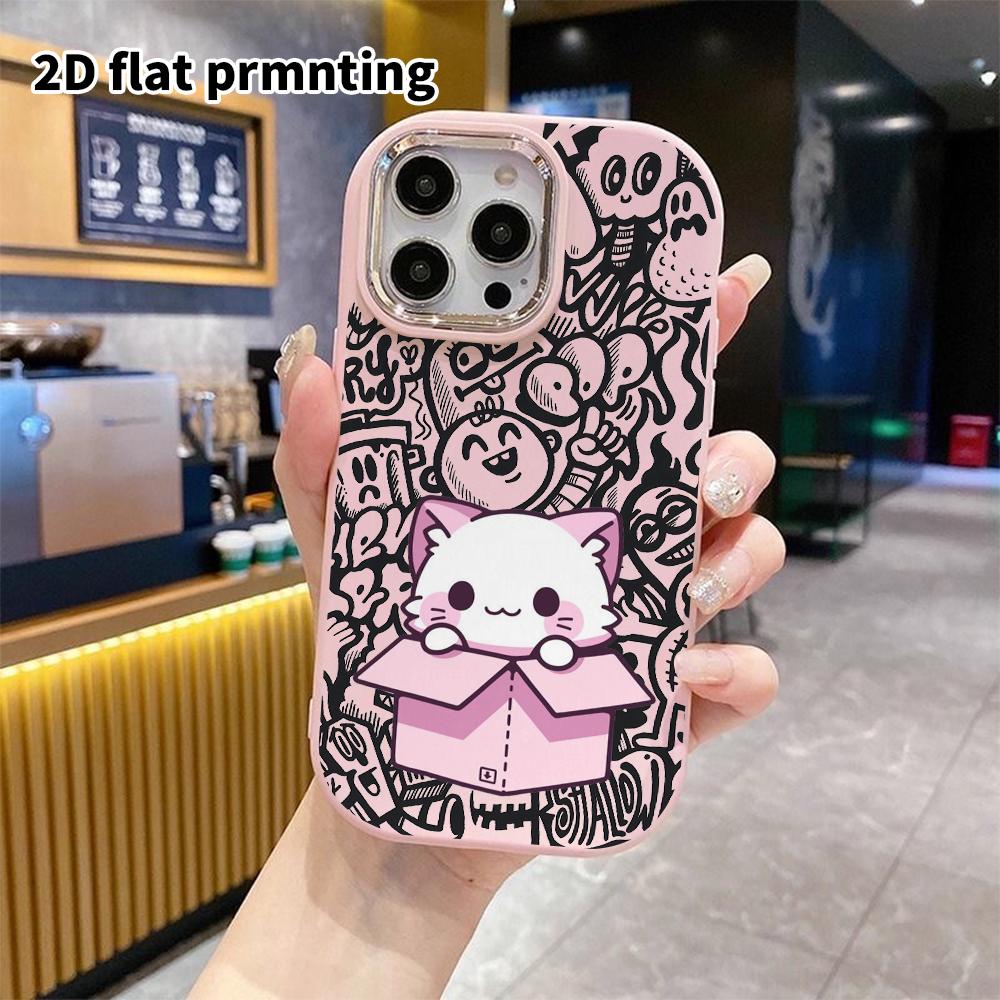 Phone Case: 2D flat design suitable for iPhone 18 17 16 15 14 13 Pro protective case, couple style, pink and white kitten, Christmas and Halloween gif