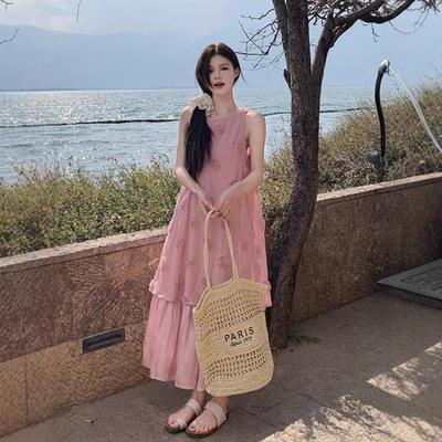 Seaside Vacation Style Long Dress Women's Summer New Sweet Three-dimensional Flower Fake Two-piece Loose Vest Dress