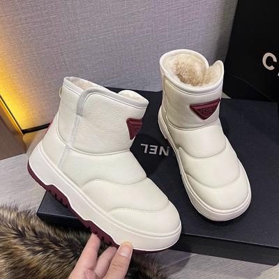 Leather Snow Boots Women's Winter Velvet Thickened One-pedal Warm Large Cotton Shoes Non-slip Thick-soled Short Boots