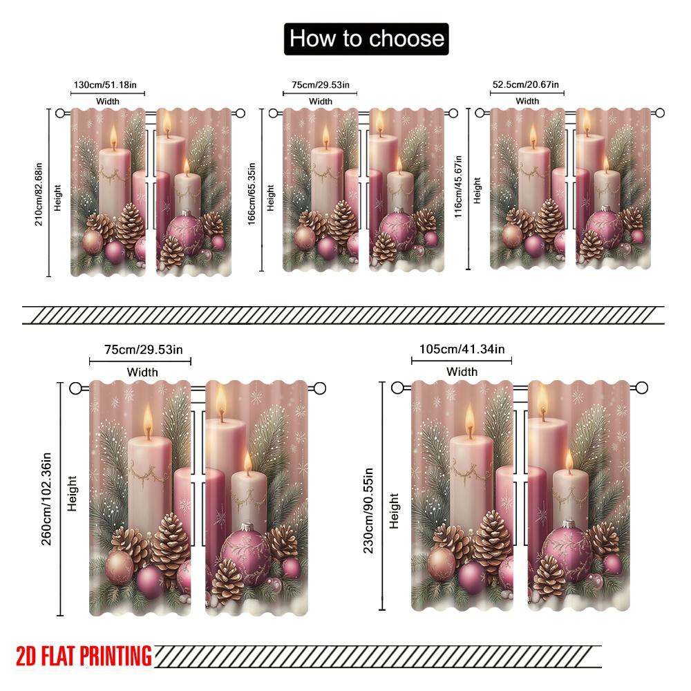 2pcs,2D Plane Printing Curtain Popular Christmas Candles Pine Cones Ornaments (3) Versatile 100% Polyester (without Rod) Outdoor