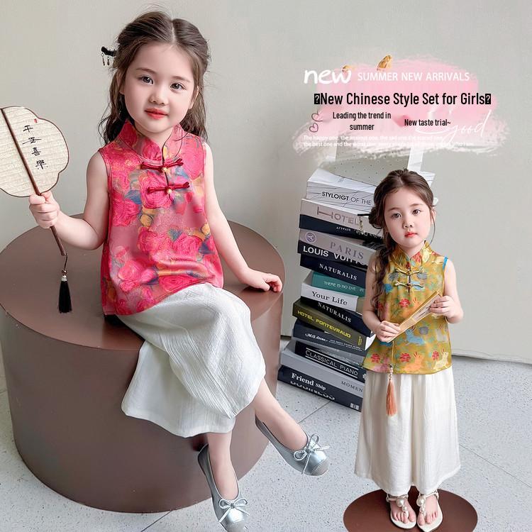 Toddler Girls' Chinese-Style Hanfu Set: Embroidered Sleeveless Top & Wide-Leg Pants (Summer 2026)