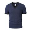 Herren Schlanke Passform V-Ausschnitt Kurzarm Gerippt Gestreift Lässig Sport Fitness T-Shirt