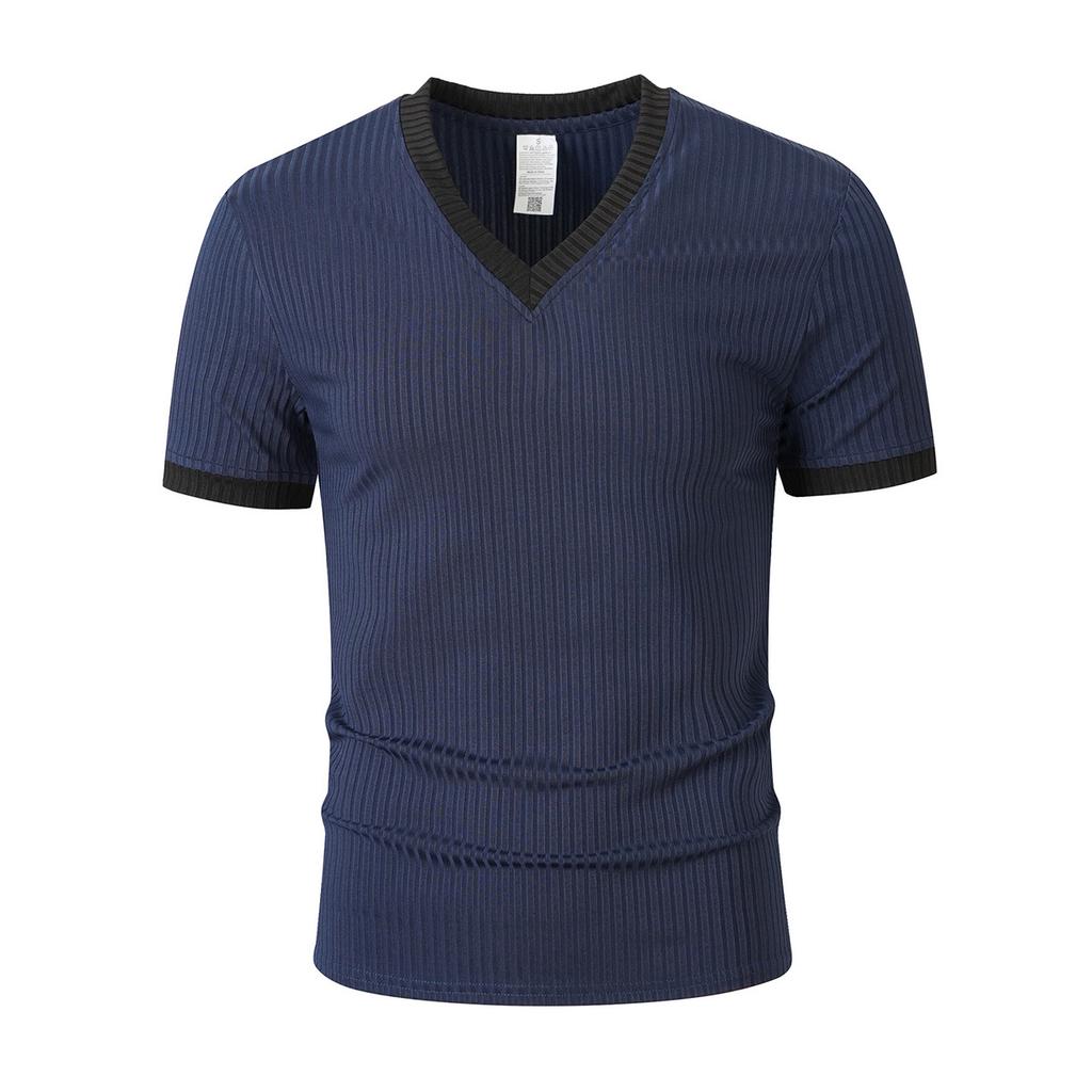 Herren Schlanke Passform V-Ausschnitt Kurzarm Gerippt Gestreift Lässig Sport Fitness T-Shirt