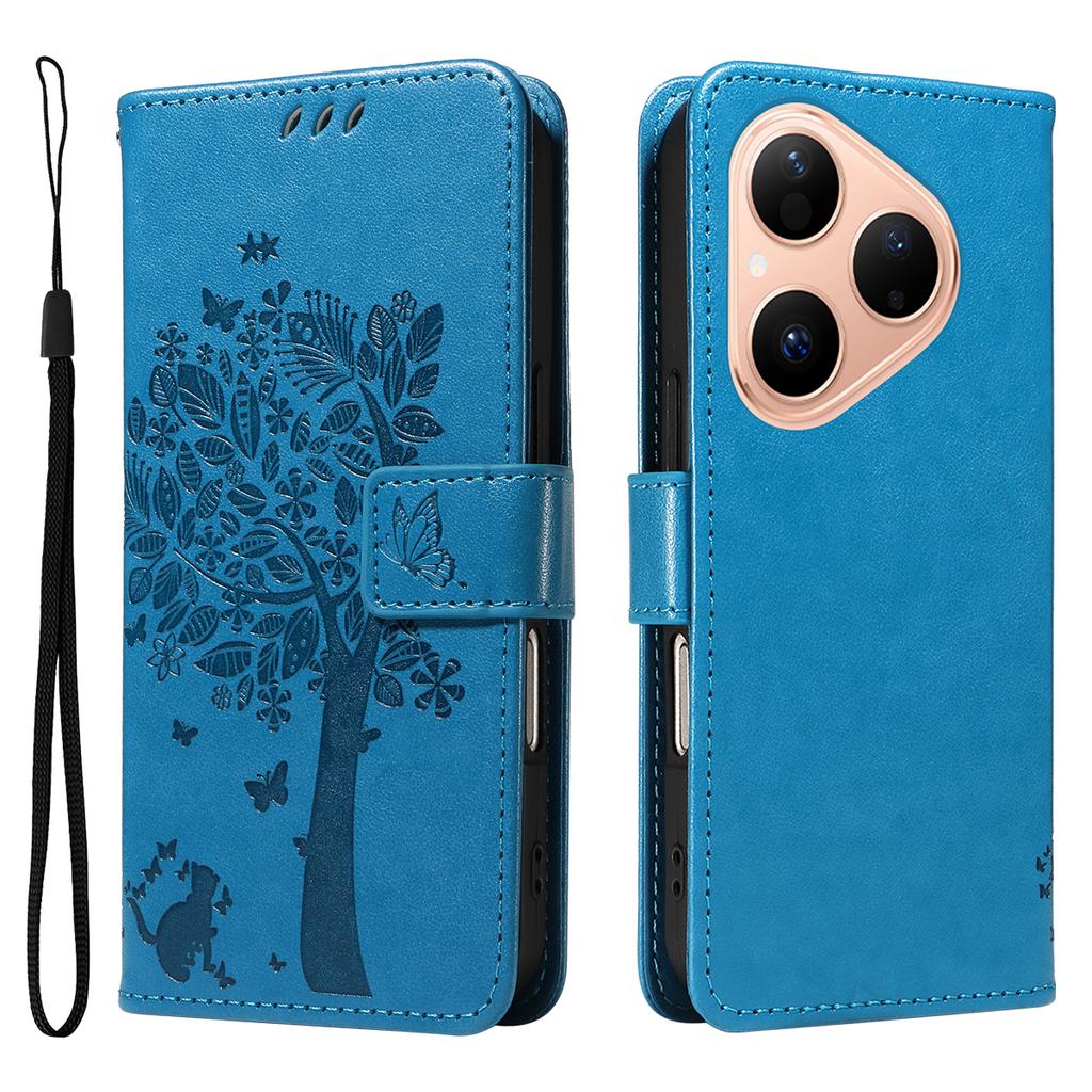 För Huawei Pura 80 Telefonfodral med Ställ Kattträdsmönster Läder Plånbok Mobilskydd