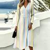 Women's Striped Casual Fashion Long-Sleeved Padded V-Neck Dress