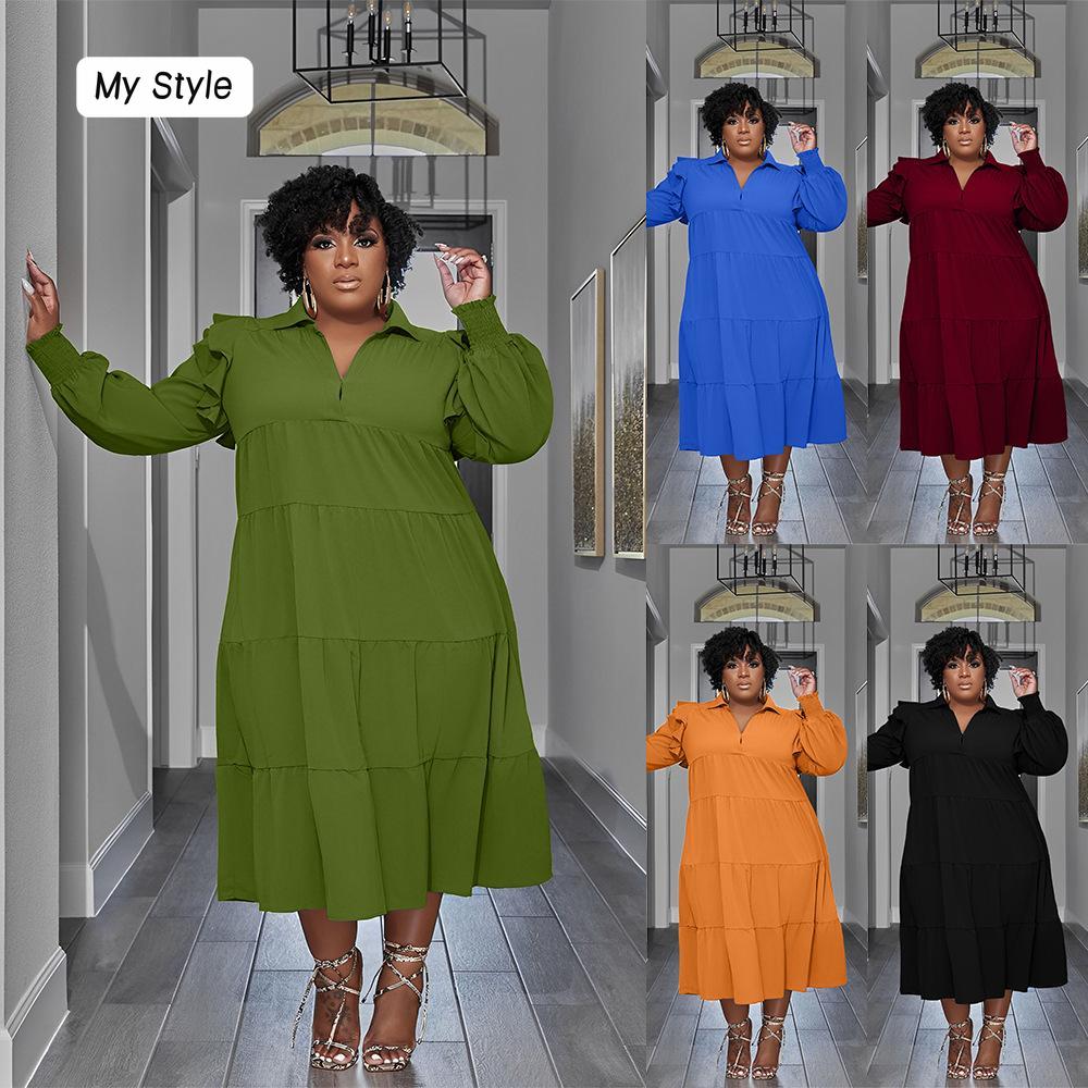 

Женское платье больших размеров на весну и осень, модное платье с длинными рукавами, цельное однотонное платье с отложным воротником