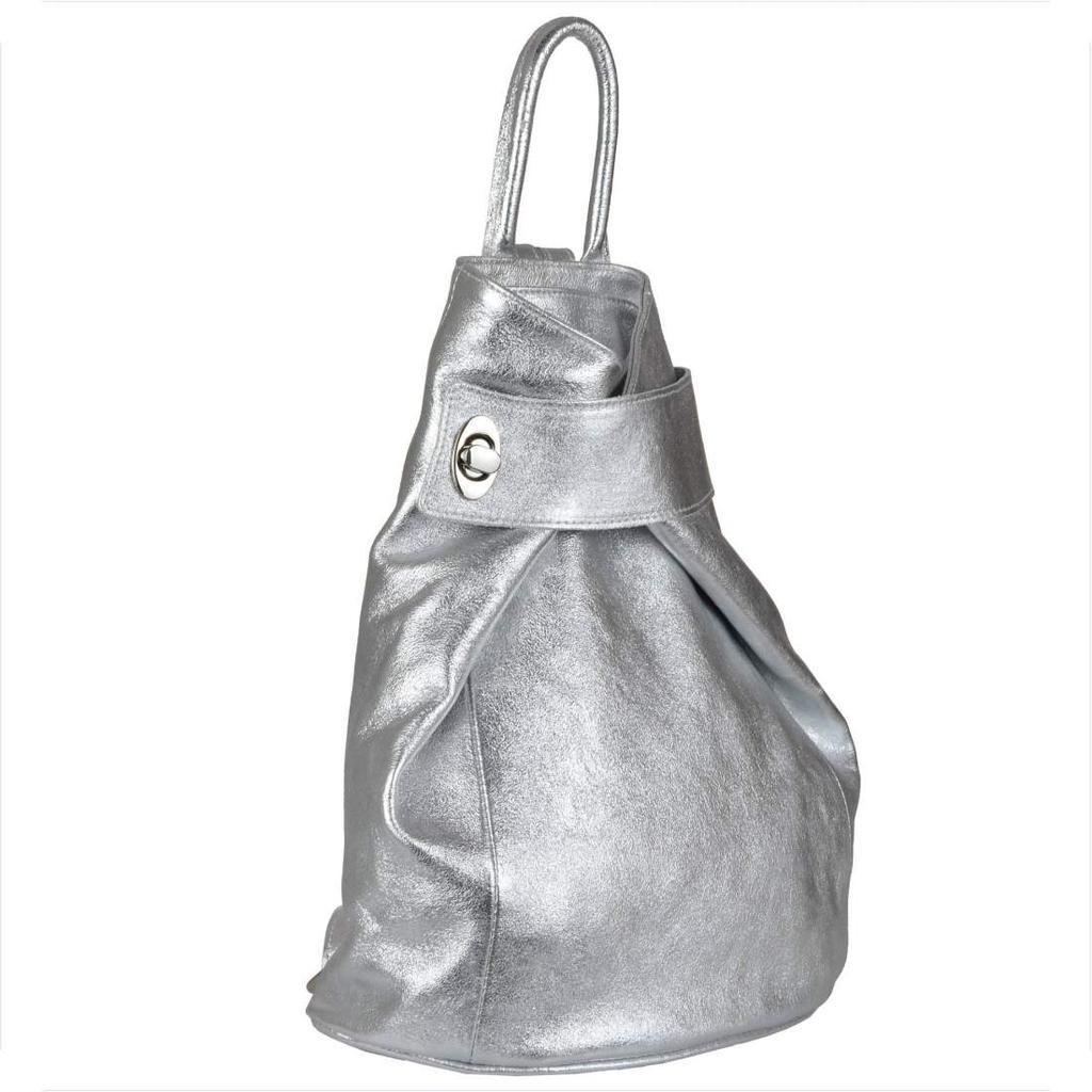 Elegant Women's Leather Backpack In Silver Metallic Vera Pelle